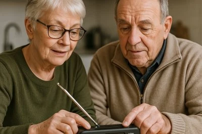Een oudere vrouw en man luisteren aandachtig naar een radio op een houten tafel.