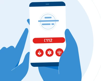 Een smartphone met een alarmnummer en pictogrammen voor hulpdiensten.