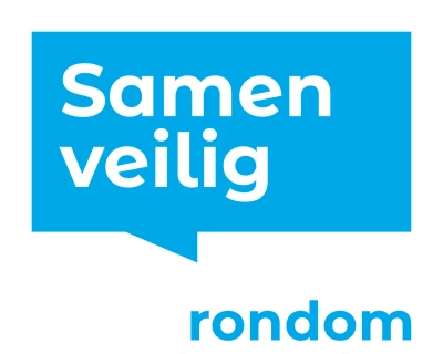 Blauw logo met de tekst "Samen veilig rondom Chemelot" in witte letters.
