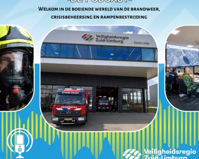 Podcast-afbeelding met logo, brandweer en een gebouw van de Veiligheidsregio Zuid-Limburg.